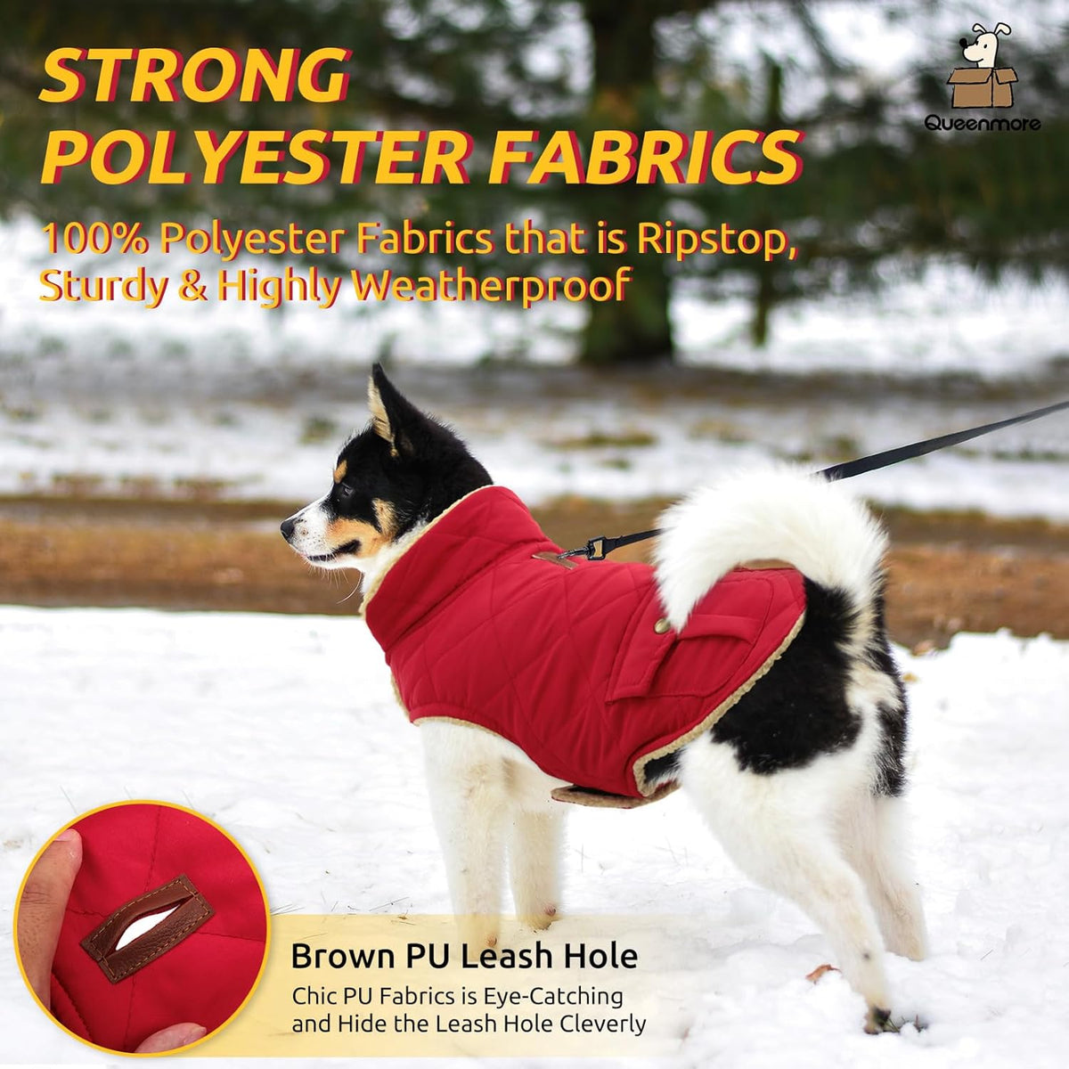 Queenmore Warm Dog Coat, Cold Weather Puffer Dog Jacket Ultra Thick Plush Lining with Storage