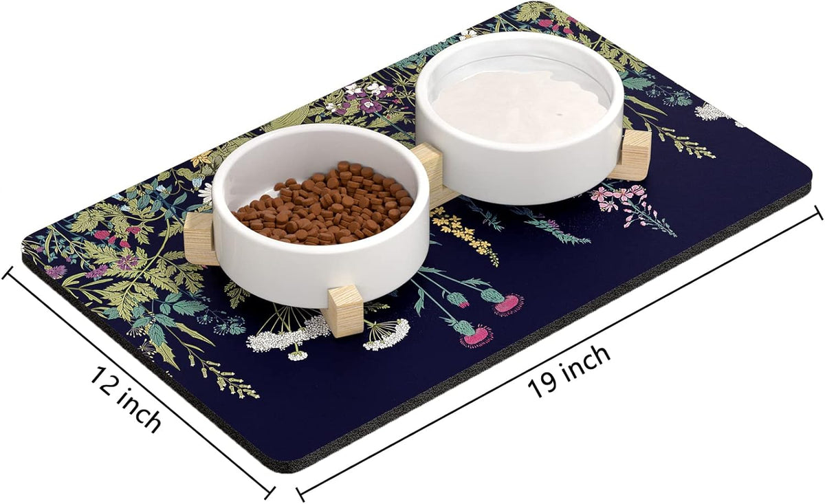 Rnivvi Dog Food Mat, 12" x 19" Flower Absorbent Dog Cat Bowl Mat for Food and Water, Cute Anti-Slip
