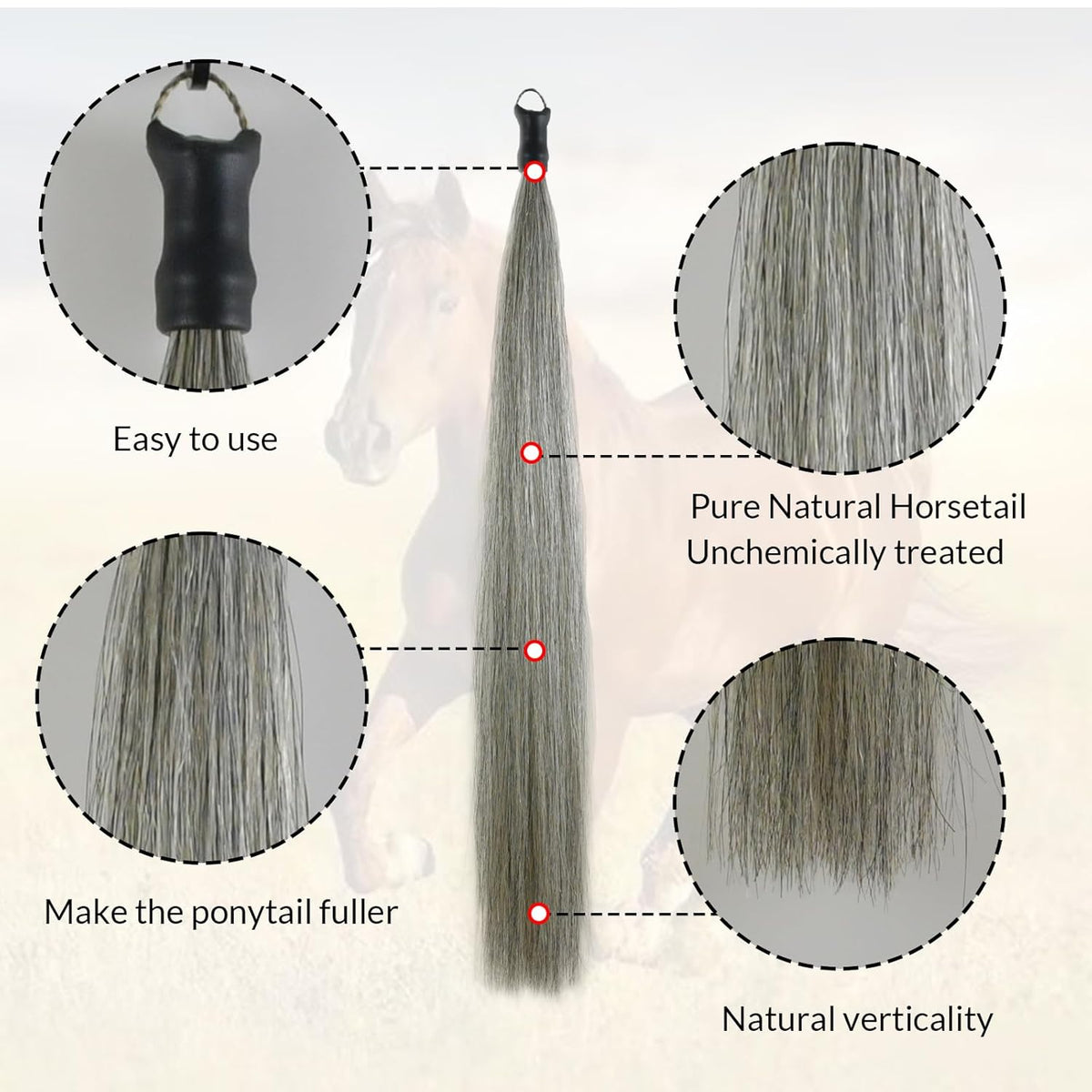 Horse Tail Extension with Braided Horsehair Loop, Blunt Cut Bottom, 3/8 lb, 28-30 inches (Medium