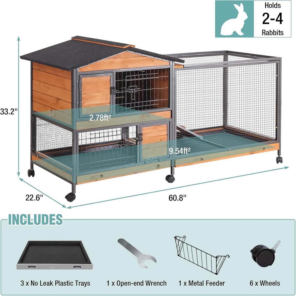 2-Story Rabbit Cage with Chew-Proof Metal Frame for Indoor/Outdoor - 62" Bunny Hutch Guinea Pig