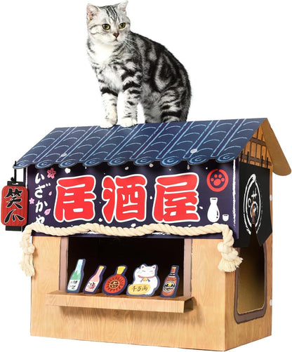 Cat Beds for Indoor Cats, Cardboard Cat House with Scratchers, Izakaya Bar, Large Sturdy Cat