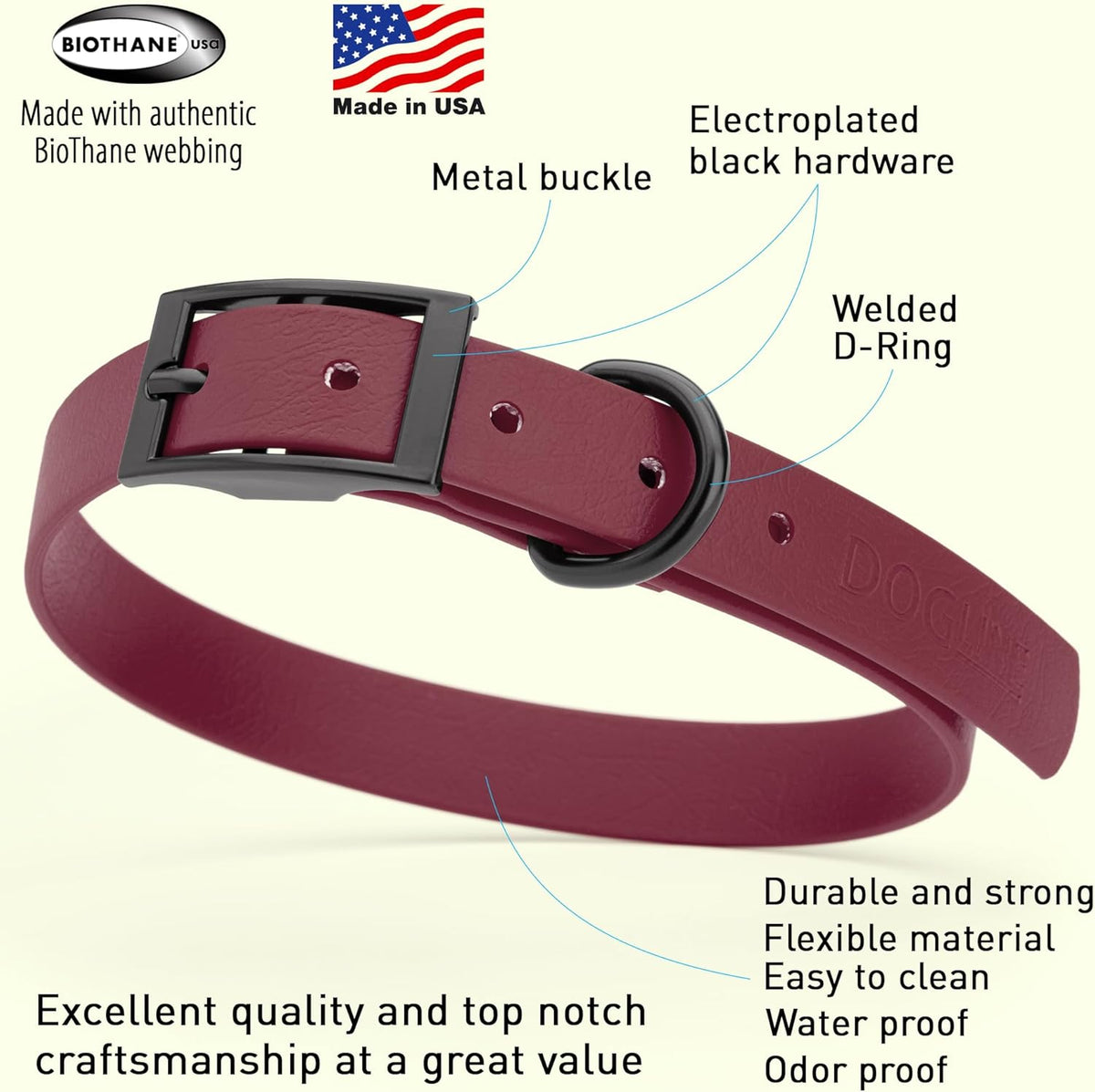 Dogline Biothane Waterproof Dog Collar Strong Coated Nylon Webbing with Black Hardware Odor- Proof