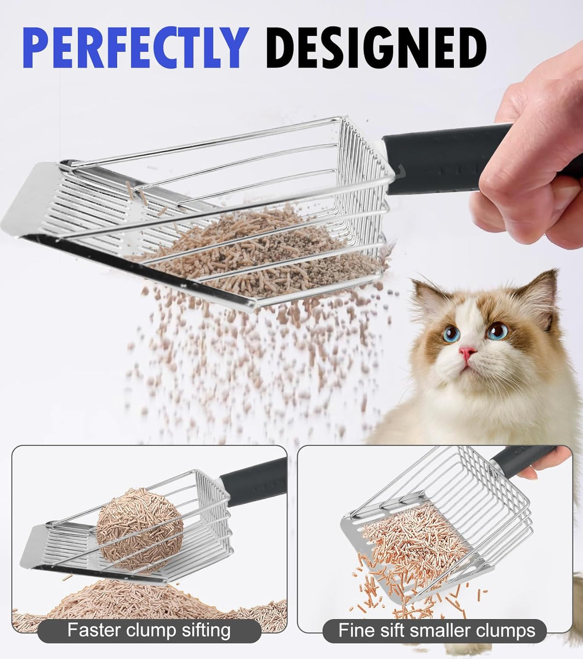 Cat Litter Scoop, Solid and Durable Kitty Metal Scooper, Stainless Steel Sifter, Heavy Duty, for