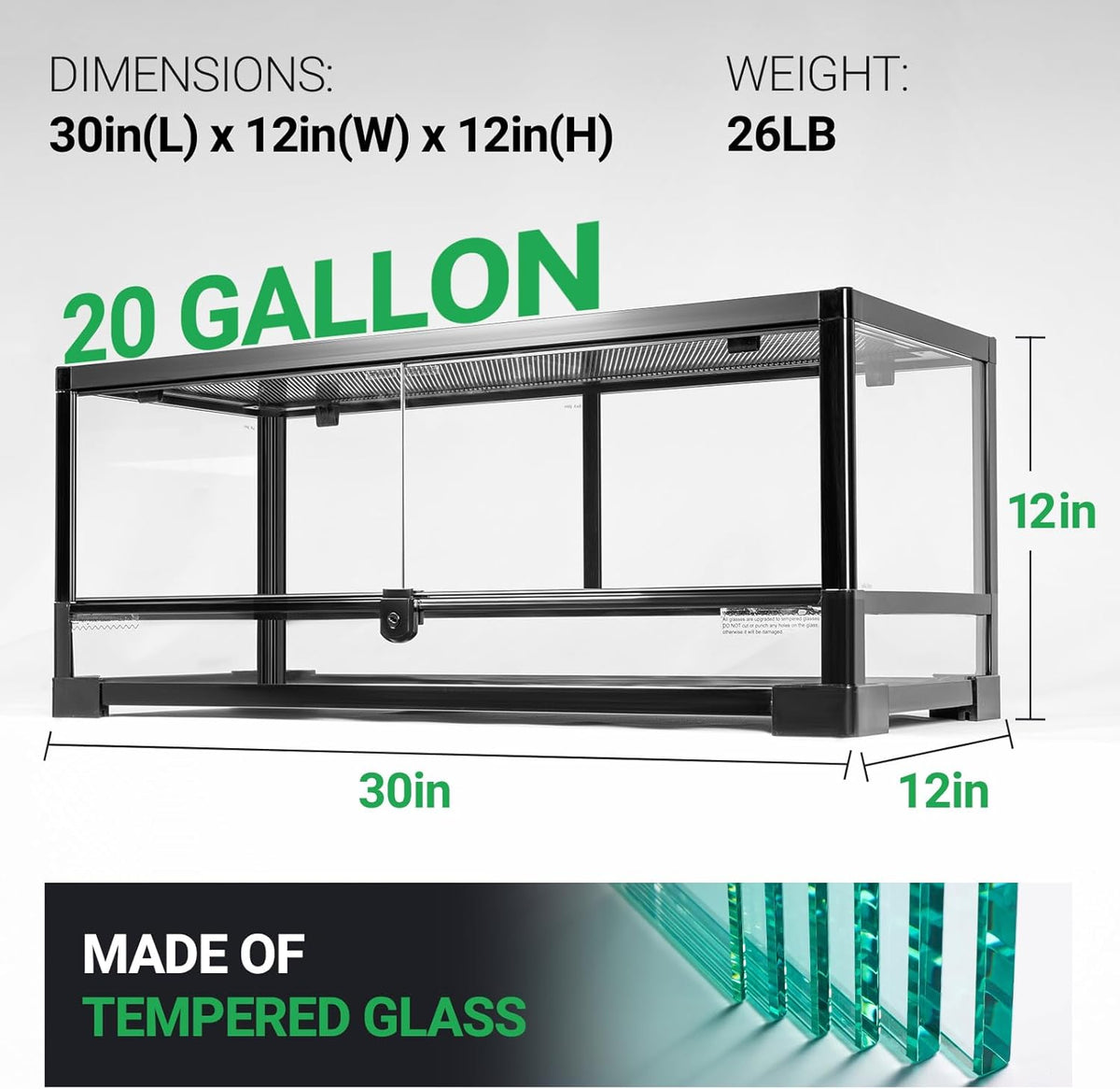 Tempered Glass Reptile Tank, 30x12x12 Inch Front Opening Terrarium with Top Screen Ventilation &