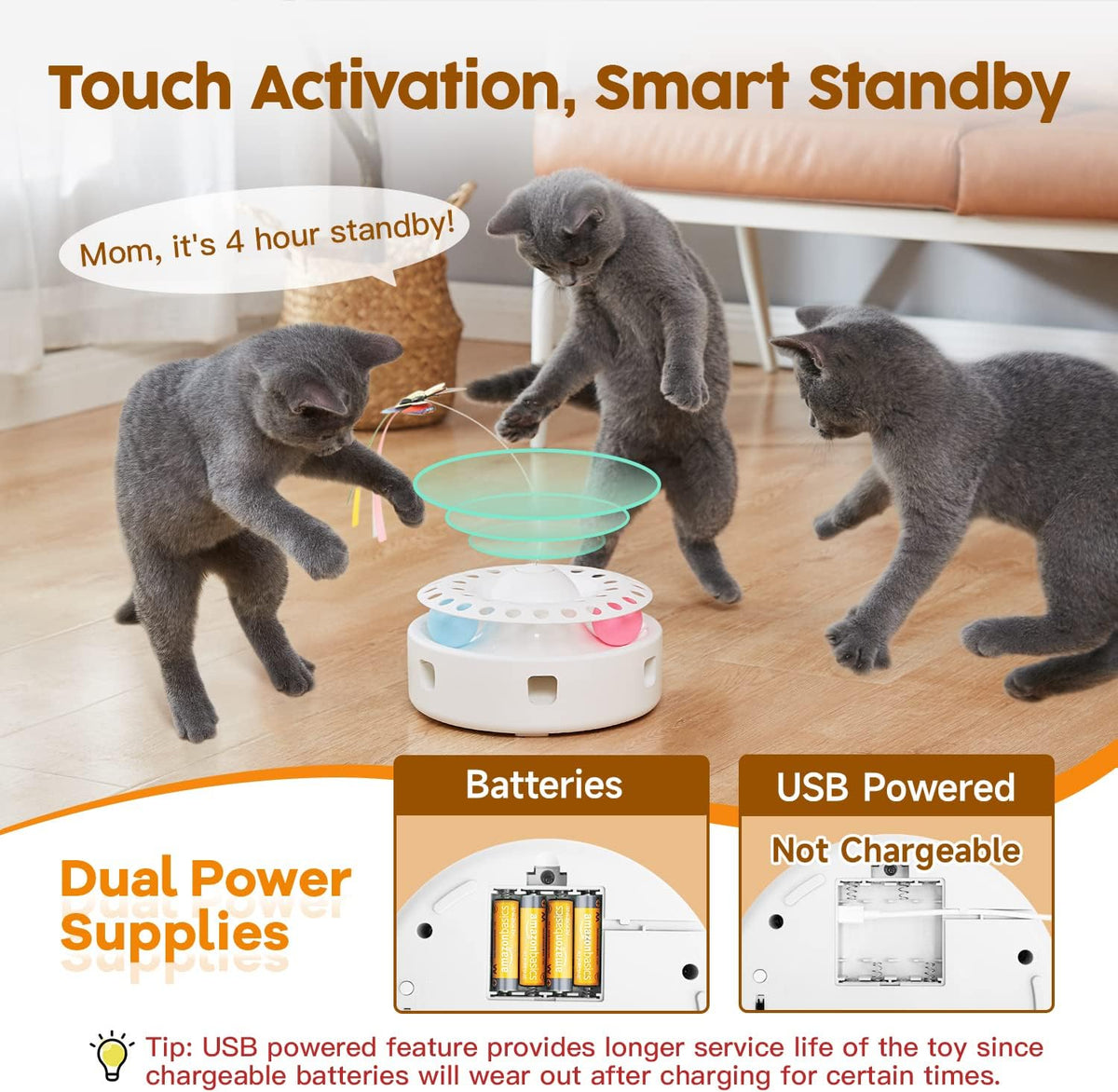 Potaroma Cat Toys 3in1 Automatic Interactive Kitten Toy, Fluttering Butterfly, Moving Feather