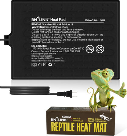 BN-LINK Reptile Heat Pad 8"X12" 16W for 30-40gal Under Tank Terrarium Heating Mat Waterproof for