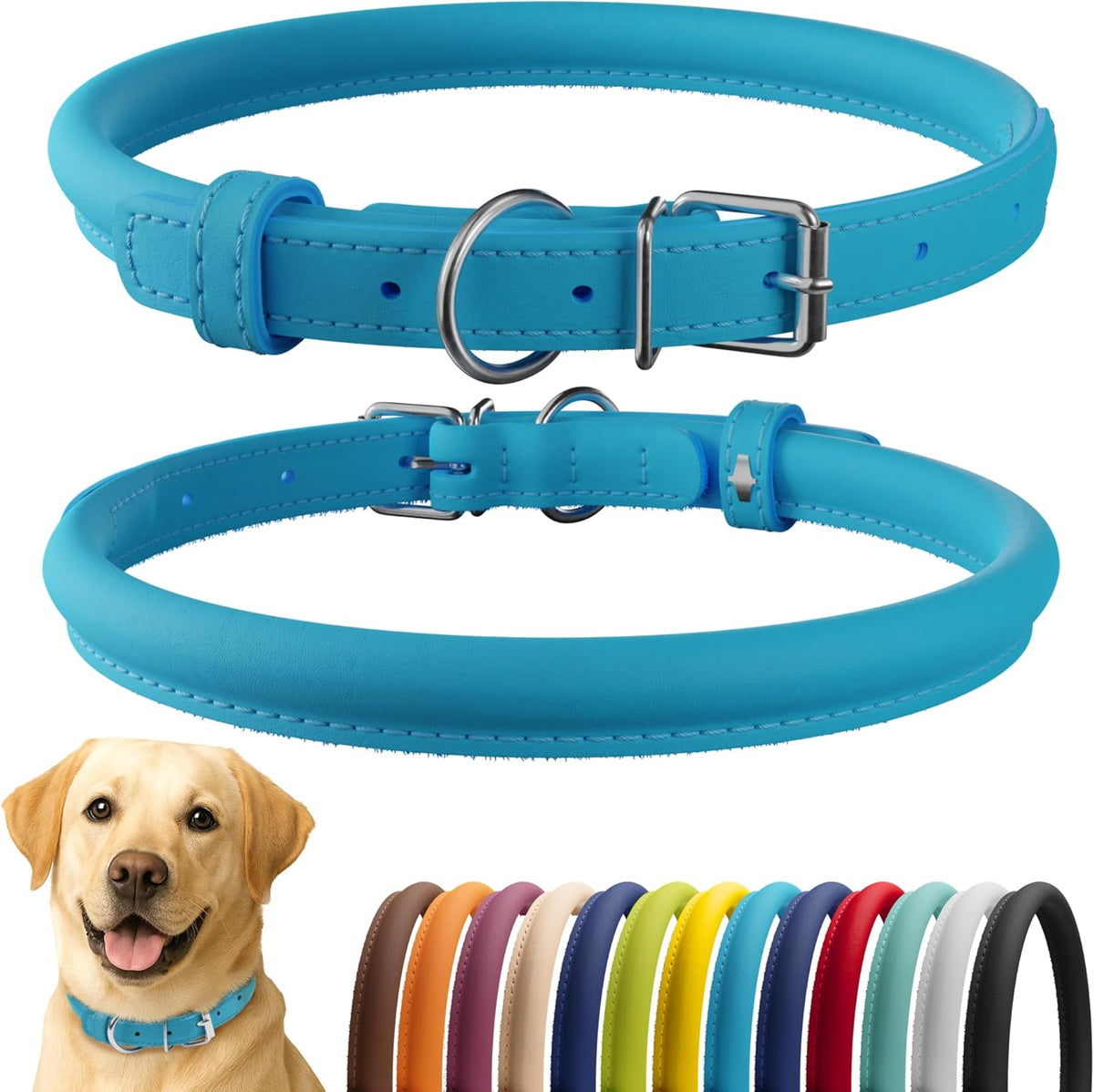 CollarDirect Rolled Leather Dog Collar, Soft Padded Round Puppy Collar, Handmade Genuine Leather