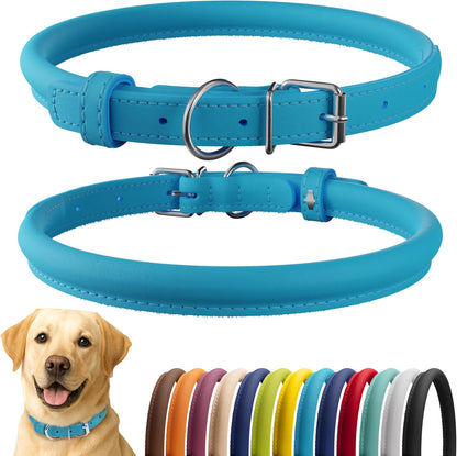 CollarDirect Rolled Leather Dog Collar, Soft Padded Round Puppy Collar, Handmade Genuine Leather