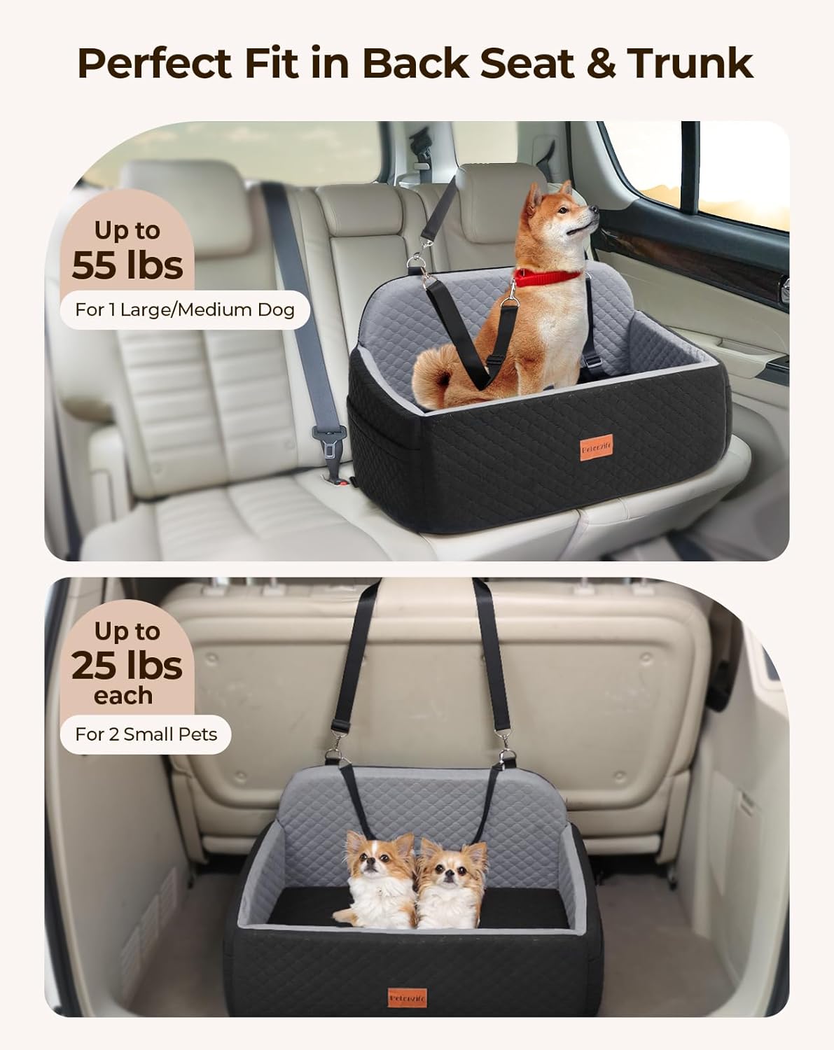 Dog Car Seat for Large Medium Dogs, Pet Car Seat Under 55 lbs or 2 Puppies, Removable Washable Pets