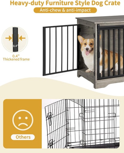 31.9" Dog Crate Furniture with Barn Door, Heavy Duty Dog Kennel Indoor with 2 Doors, Wooden Pet