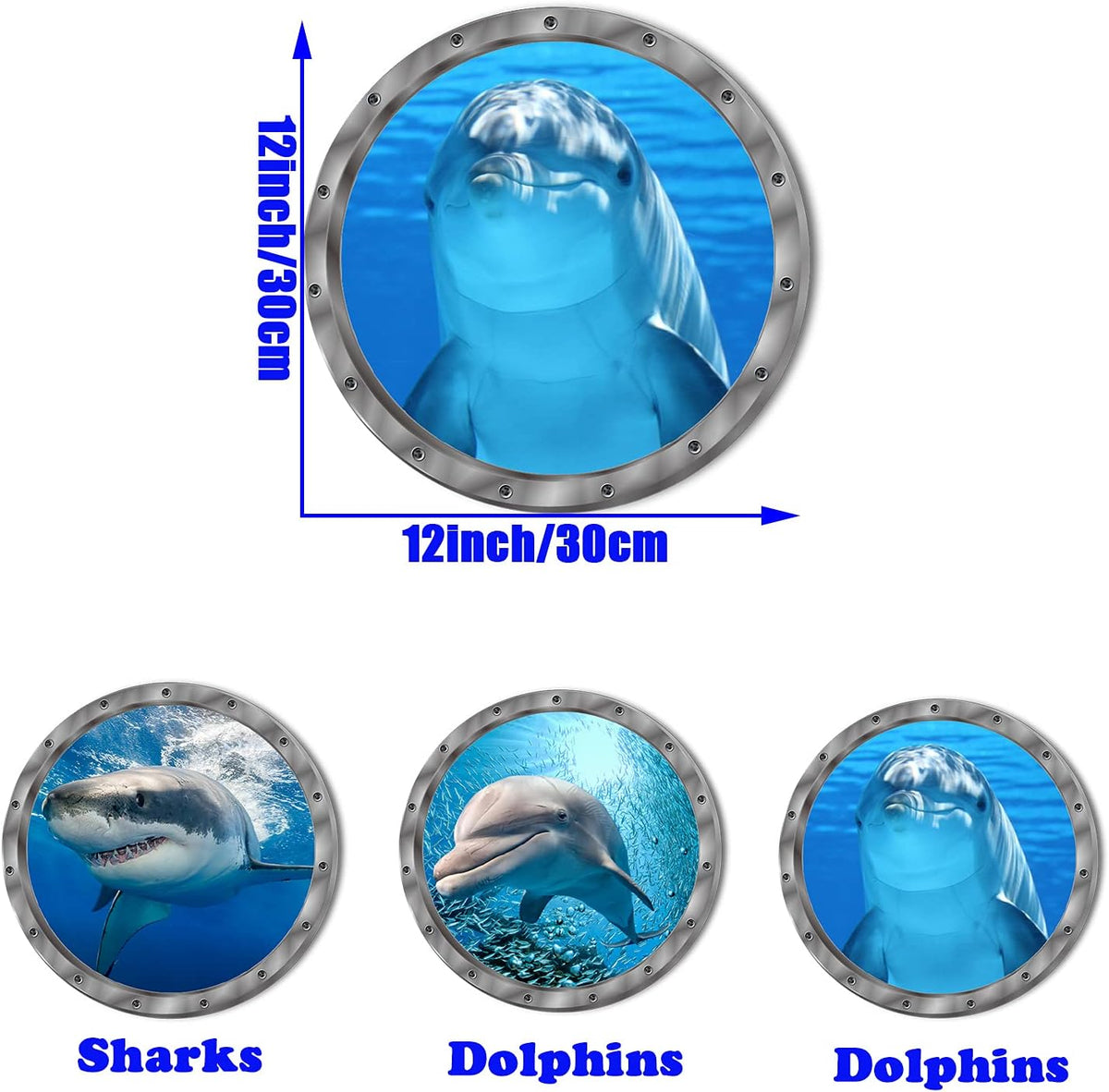 Ocean Animals World Under Sea Decor Includ Dolphins Sharks 3 Pcs Removable 3D Peel and Stick Vinyl