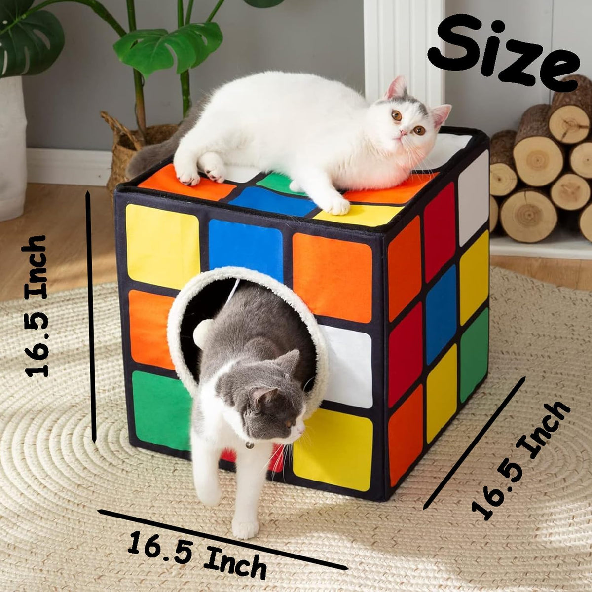 LUCKITTY Cat Condo House with Reversible Cushions and Fluffy Ball Hanging, Foldable Magic Cube