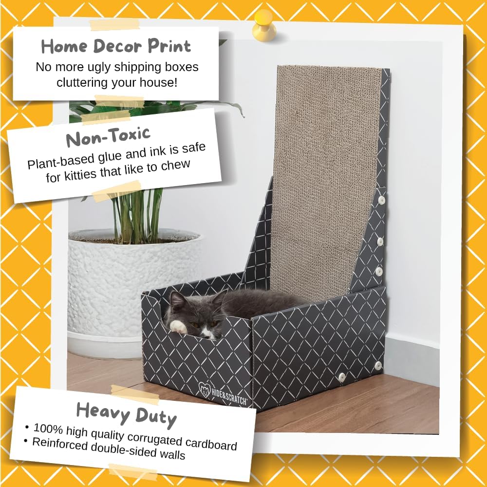 HIDE & SCRATCH 26" L Shaped Cat Scratcher Box and Cat Bed with Double-Sided Cardboard Cat Scratch