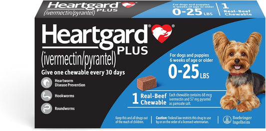 HEARTGARD® Plus (ivermectin/pyrantel) Real-Beef Chewables for Dogs up to 25 lbs (Blue Box) 1 Month
