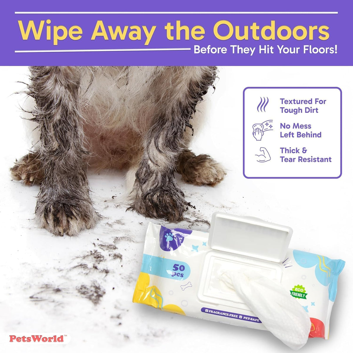 PETSWORLD Pet Wipes for Dogs & Cats, Unscented, Hypoallergenic, Chemical-Free, Biodegradable (98%)