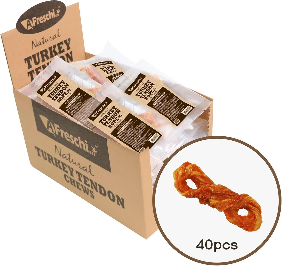 Afreschi Natural Turkey Tendon Rope (S) 40 Units/Box, Dog Treats for Signature Series, All Natural