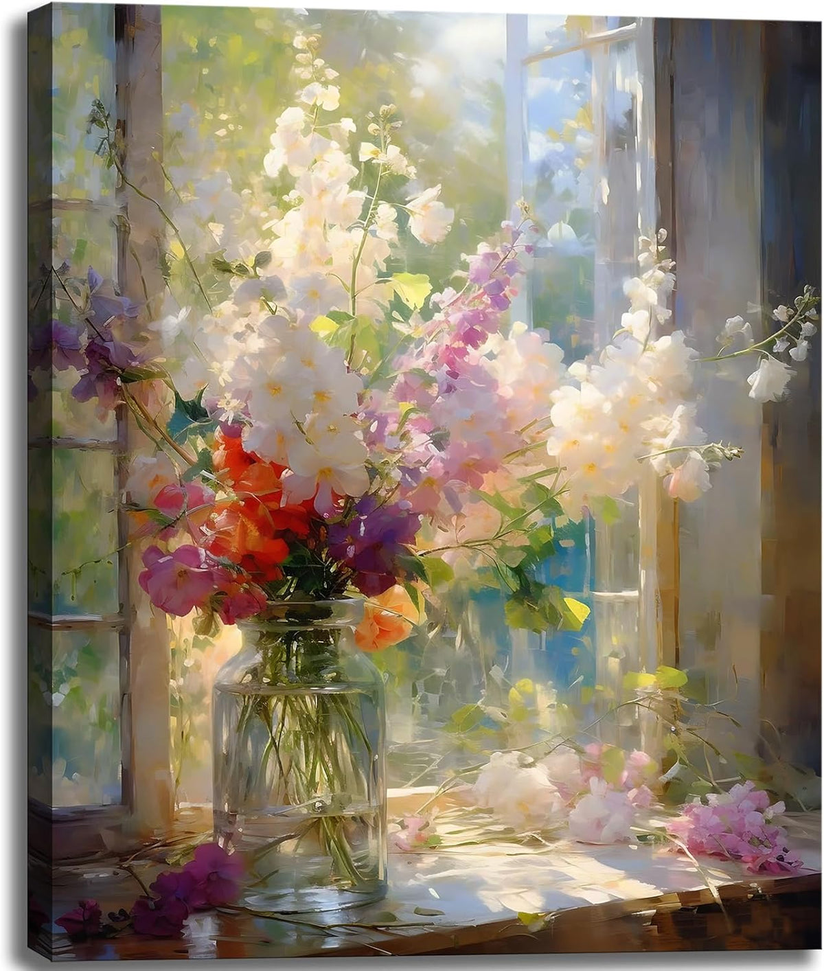 Colorful Flower Framed Canvas Wall Art, Watercolor Floral Bathroom Wall Decor, Spring Nature Wall