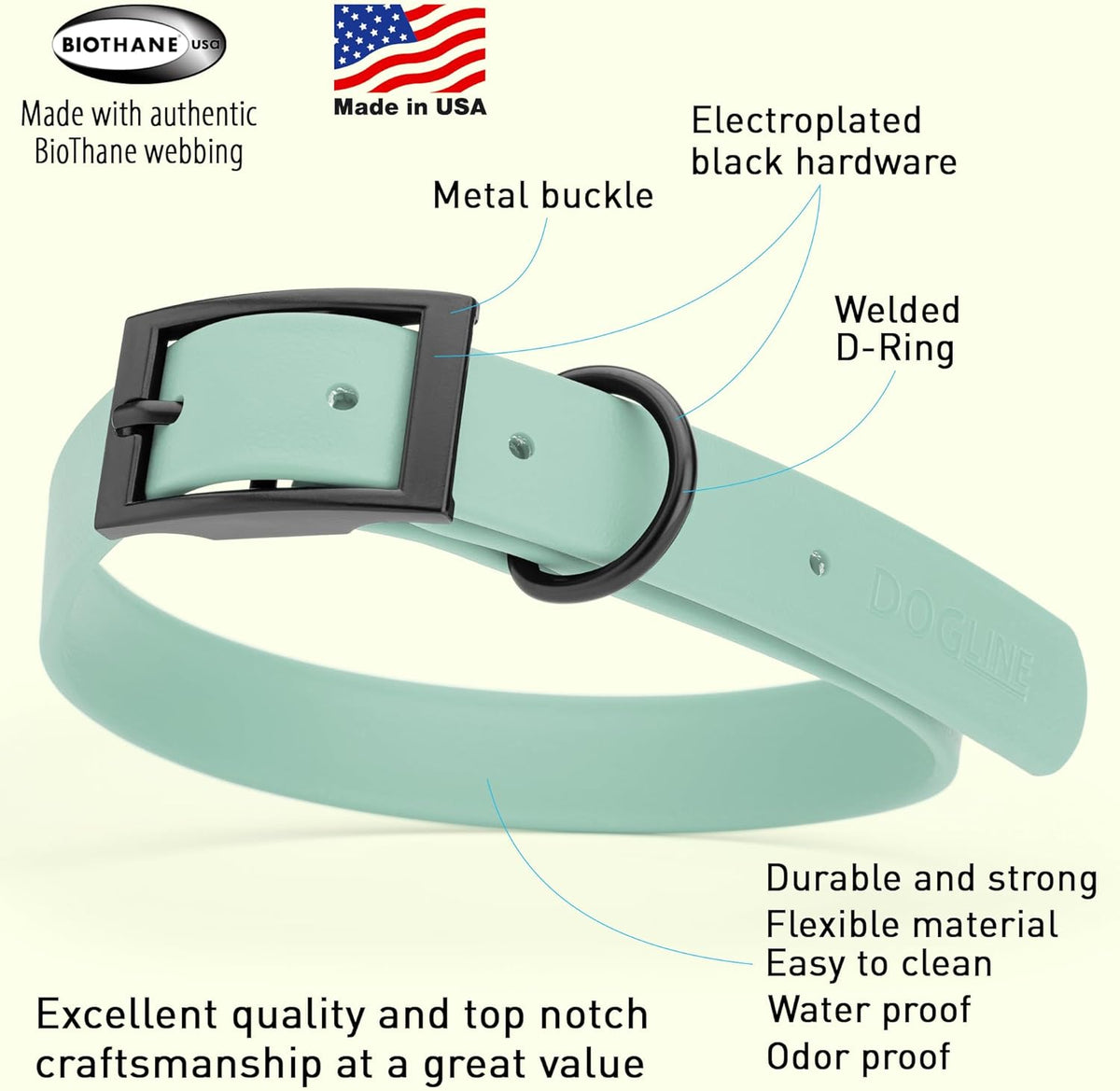 Dogline Biothane Waterproof Dog Collar Strong Coated Nylon Webbing with Black Hardware Odor- Proof