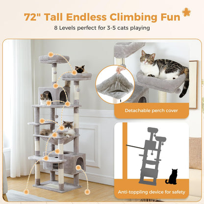 PAWZ Road Large 72 Inch Cat Tree and Tower for Indoor Cats - With Sisal-Covered Scratching Posts