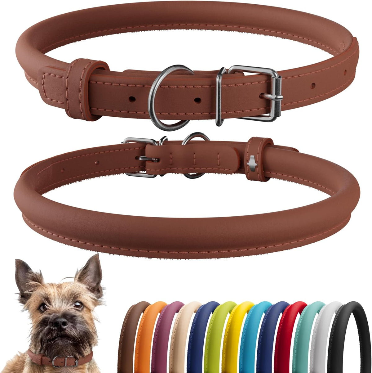 CollarDirect Rolled Leather Dog Collar, Soft Padded Round Puppy Collar, Handmade Genuine Leather