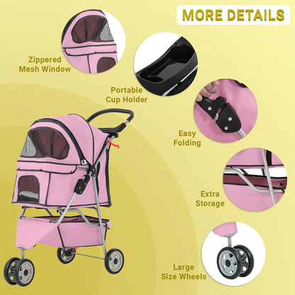 3-Wheels Pet Strolling Cart for Small Medium Dogs and Cats with Storage Basket,Holder, Foldable Pet