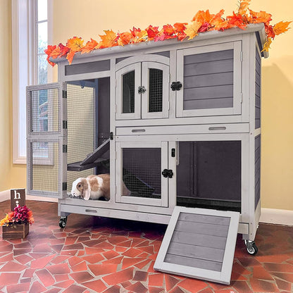 2-Tier Indoor Rabbit Hutch Bunny House Guinea Pig Cage with Sliding Plastic Trays, Wheels & Ramp