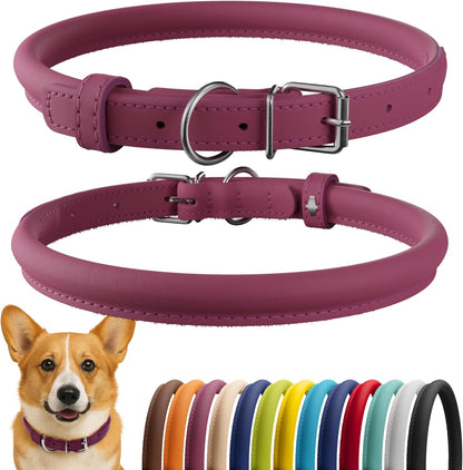CollarDirect Rolled Leather Dog Collar, Soft Padded Round Puppy Collar, Handmade Genuine Leather