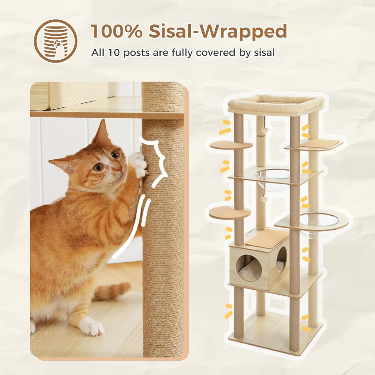 PEQULTI 71'' Cat Tree, Tall Wood Cat Tower for Indoor Cats with 2 Acrylic Cat Hammock, Multi-Level