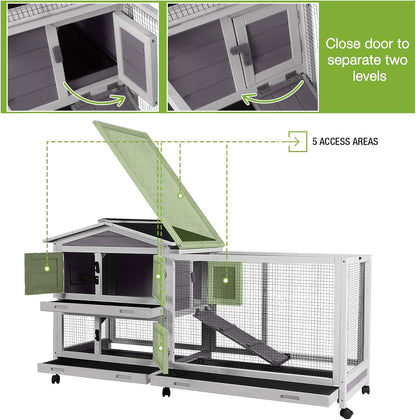 GUTINNEEN Rabbit Hutch Indoor with Chew-Proof Ramp, 62" L Wooden Rabbit Cage with 6 Casters, Bunny