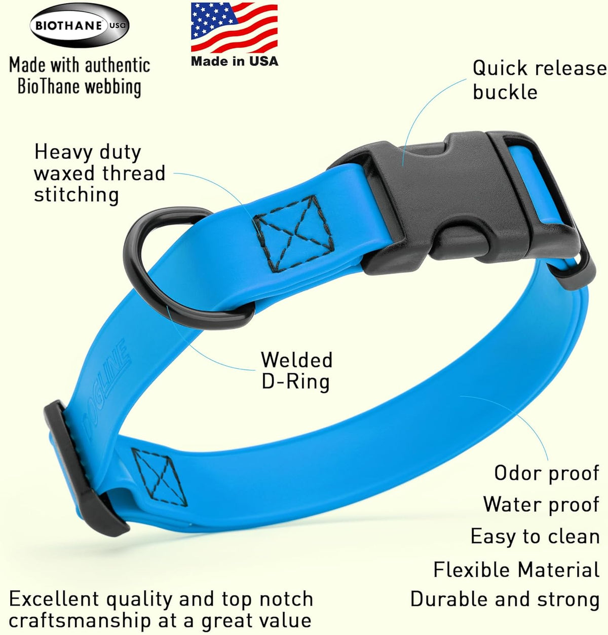 Dogline Biothane Waterproof Dog Collar with Quick Release Buckle Strong Coated Nylon Webbing with