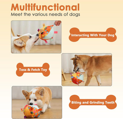 Dog Squeaky Plush Toy with Straps, 6-Inch Soft Stuffed Ball with Cotton Material and Bell Built-in