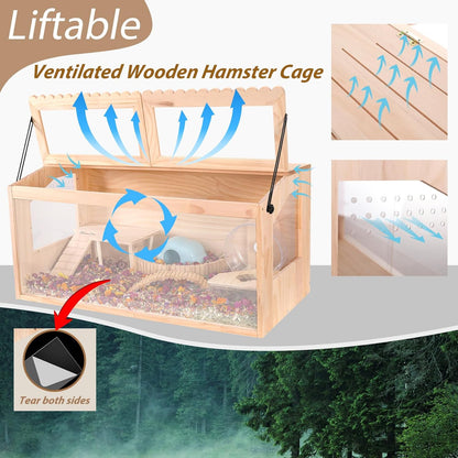 Wooden Hamster Cage, 32"x16"Guinea Pig Cage, Small Animal Cage for Dwarf Syrian Hamsters Degus Mice