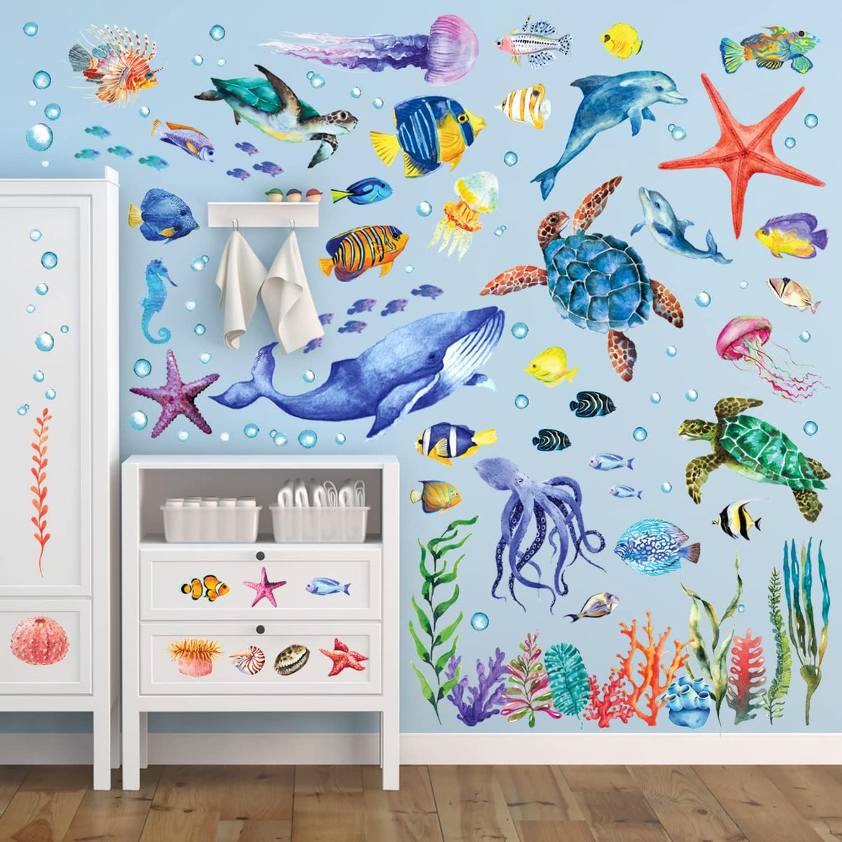 BASHOM DS12-8048 128 Pieces Under The Sea Wall Decals Ocean Fish Stickers Turtle Jellyfish Seaweed