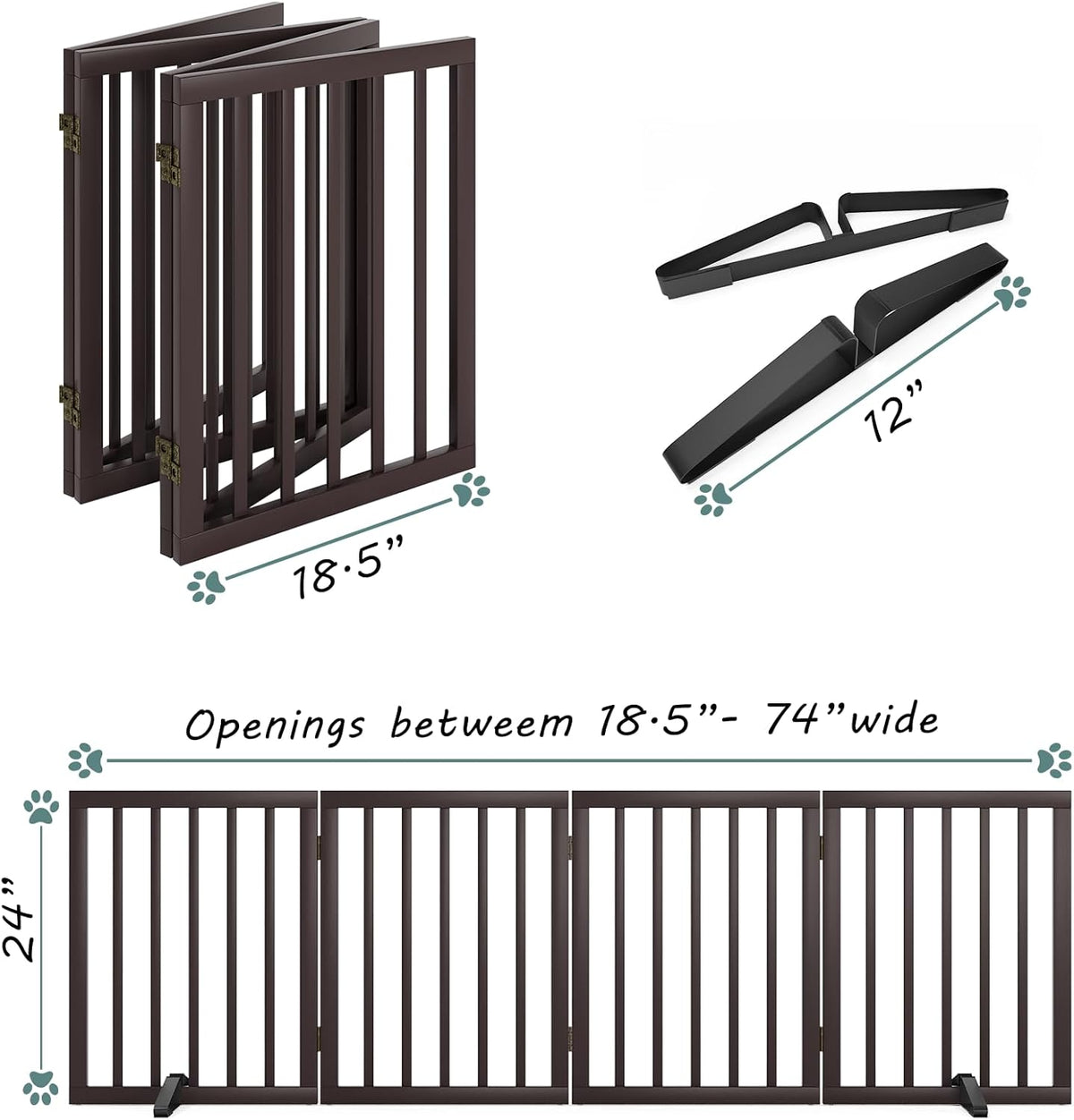Wooden Dog Gate Freestanding Foldable 4 Panel Pet Gates Extra Wide Dog Gates for Indoor Doorways