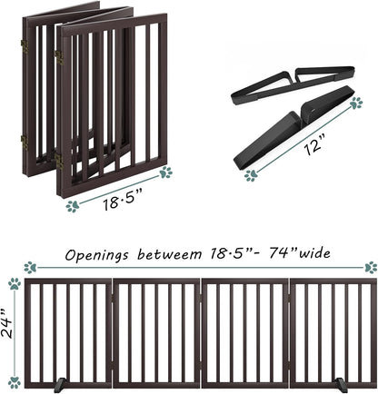 Wooden Dog Gate Freestanding Foldable 4 Panel Pet Gates Extra Wide Dog Gates for Indoor Doorways