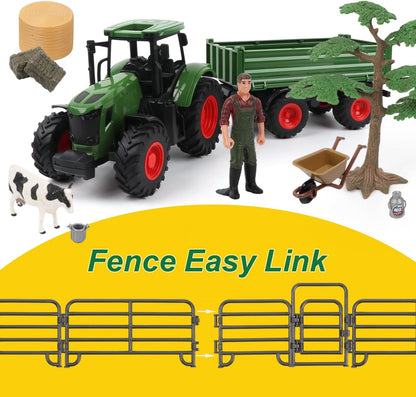 Farm Animal Tractor Toys Playset-16.5 Inches Tractor with Trailer Fence,Farmer,Tree,Cow,Farm Toy