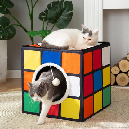LUCKITTY Cat Condo House with Reversible Cushions and Fluffy Ball Hanging, Foldable Magic Cube