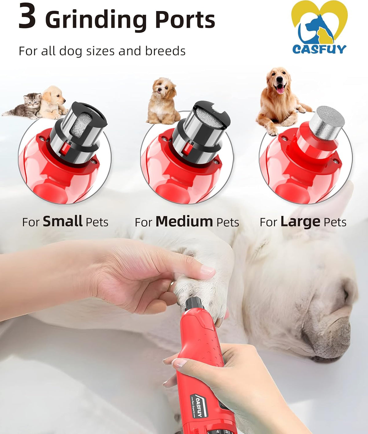 Casfuy Dog Nail Grinder Quiet - (45db) 6-Speed Pet Nail Grinder with 2 LED Lights for Large Medium
