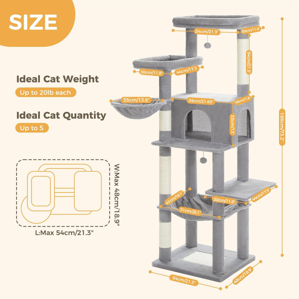 PAWZ Road Tall Cat Tree, 73 Inches Large Cat Tower with Large Padded Perch,2 Spacious Hammocks,8