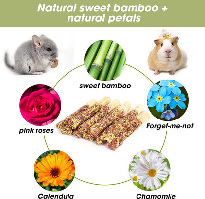 Abizoo Natural Rabbit Chew Toys,10 Sticks Sweet Bamboo Sticks for Rabbits with Petals,Bunny Chew