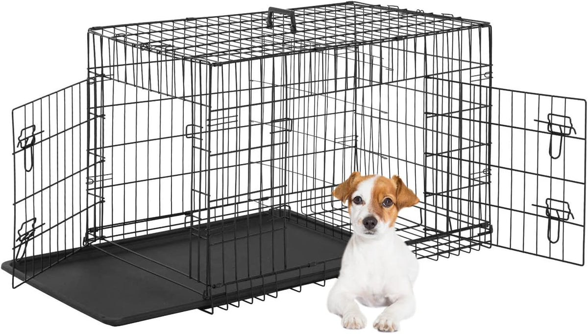 FDW Dog Crate for Small Dogs 24 Inch Folding Metal WirePet Cage Double Door W/Divider Panel Indoor