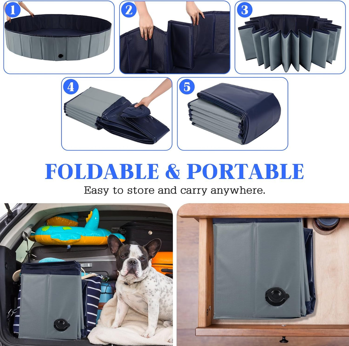 Foldable Dog Bath Swimming Pool 63'' Plastic Kiddie Pool Professional Tub Collapsible Grooming