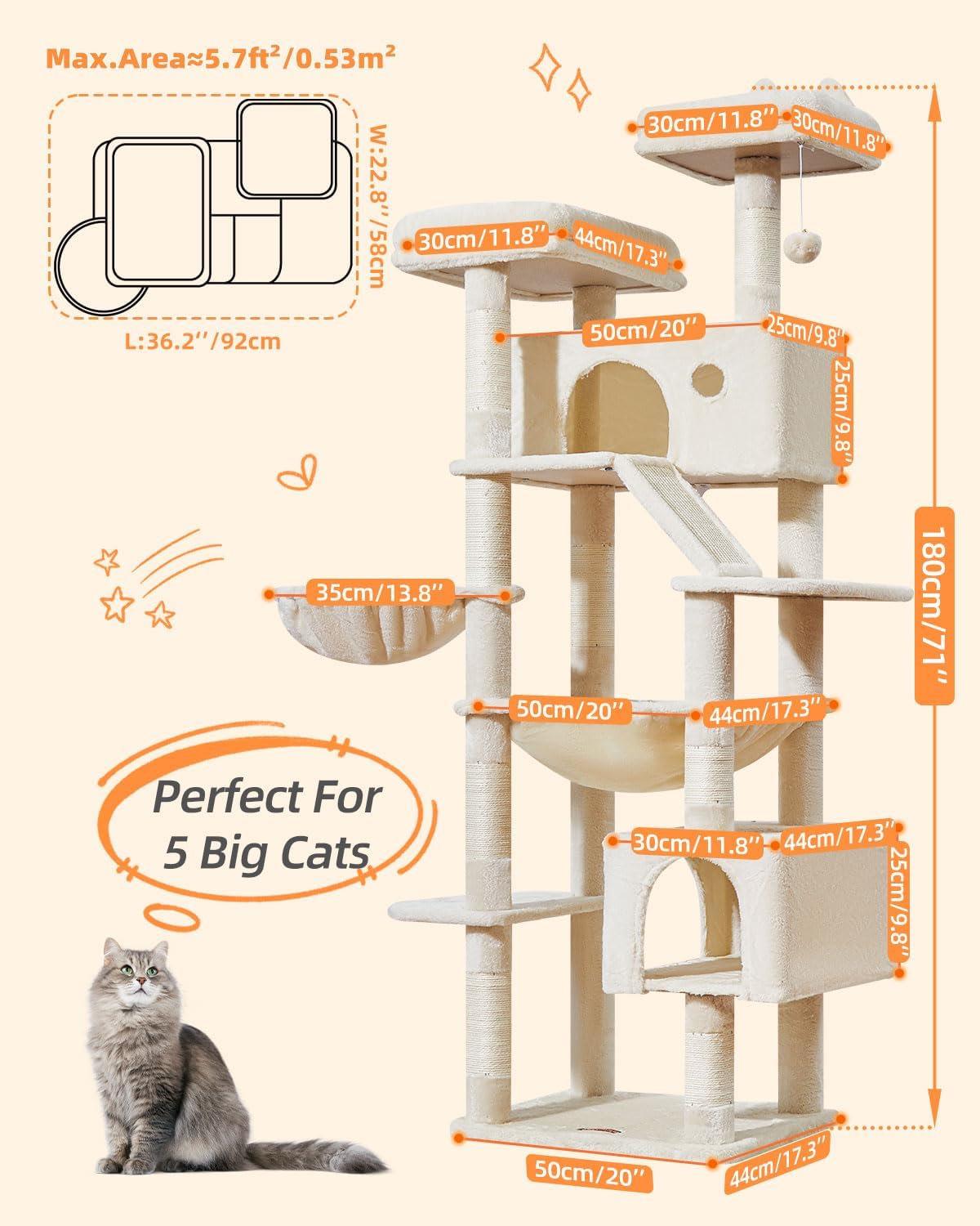 Taoqimiao Cat Tree 71-Inch, Cat Tower for Indoor Cats Large Adult, Multi-Level Large Cat Condo, 8