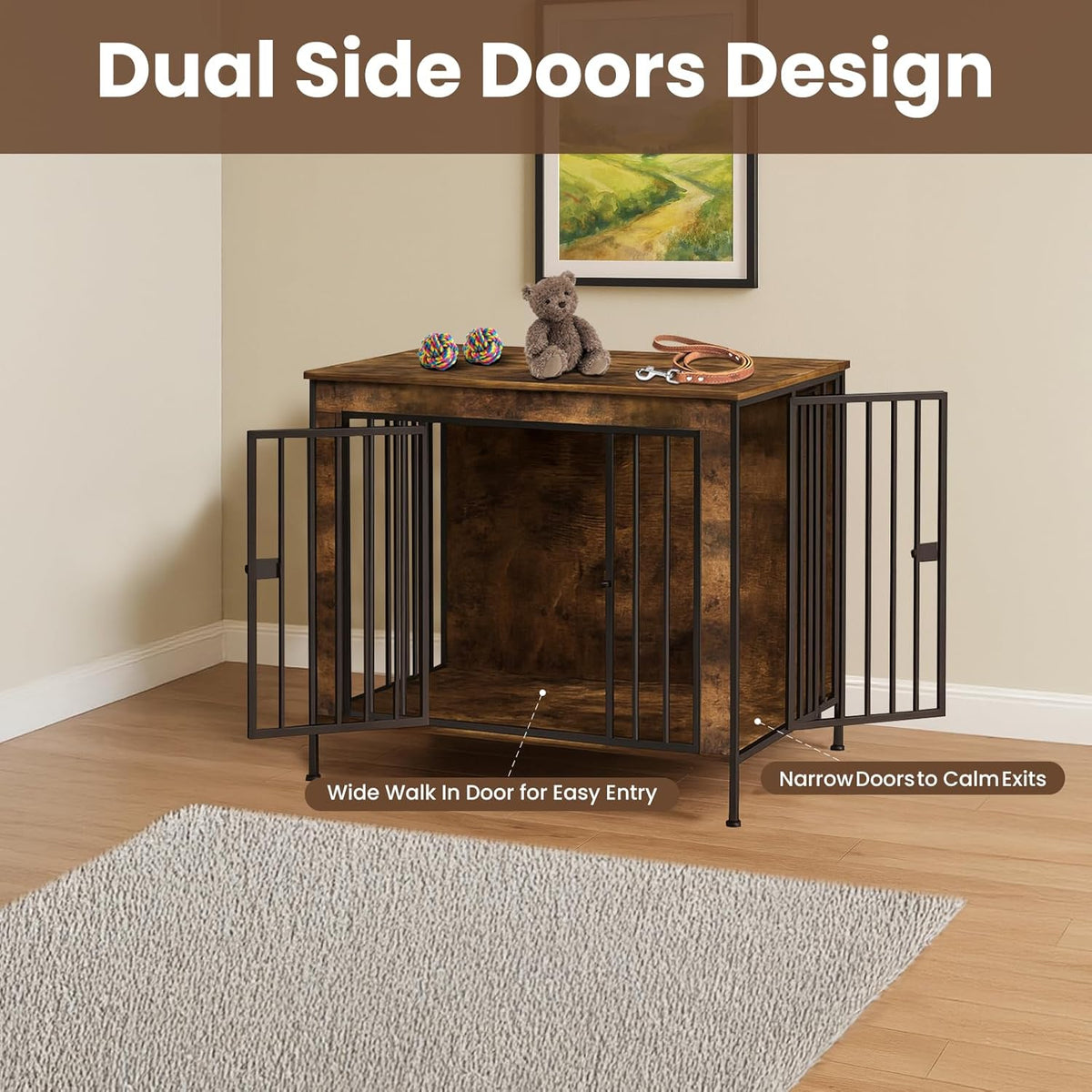 Dog Crate Furniture 40" Sturdy Heavy Duty Dog Kennel Solid Metal Tube Thick Wooden with 3 Lockable