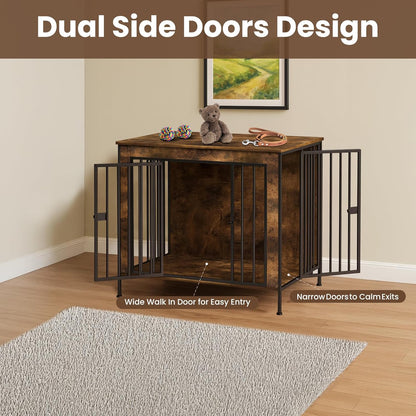 Dog Crate Furniture 40" Sturdy Heavy Duty Dog Kennel Solid Metal Tube Thick Wooden with 3 Lockable