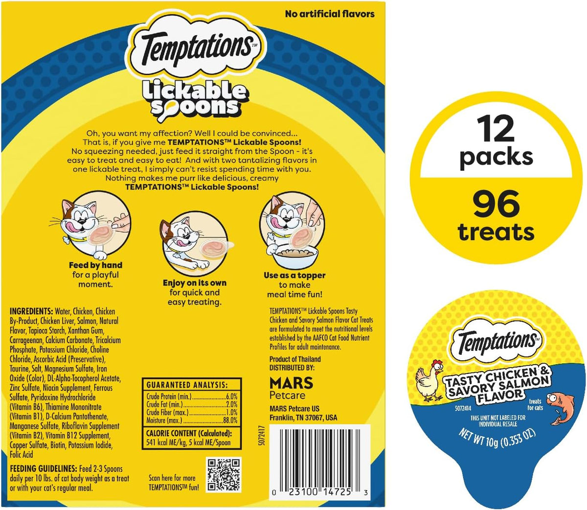 Temptations Lickable Spoons Adult Wet Cat Treat, Tasty Chicken and Savory Salmon Flavor, 8 Spoons