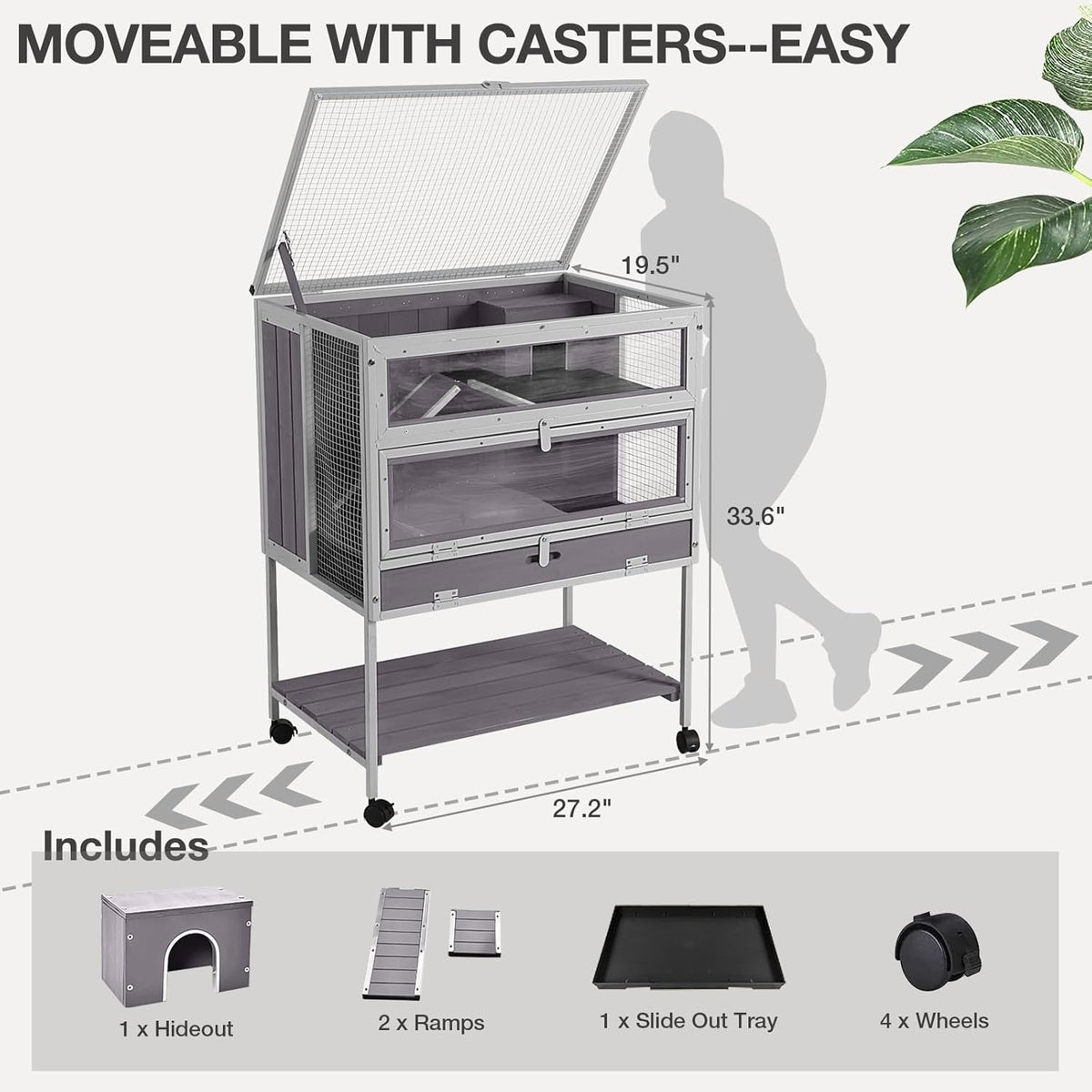 Guinea Pig Cage, Moveable Metal Frame Hamster Cage Anti-Chewing with Aluminium Alloy Edge
