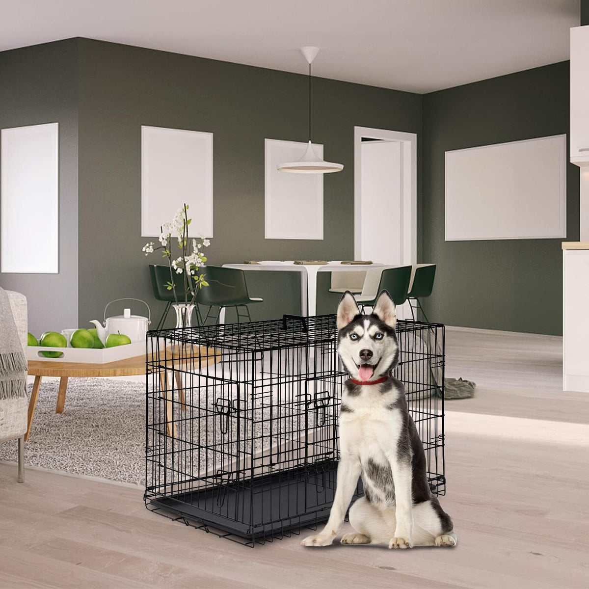 FDW Dog Crate for Large Dogs 42 Inch Folding Metal WirePet Cage Double Door W/Divider Panel Indoor