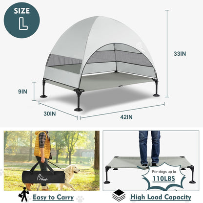 Upgraded Elevated Dog Bed with Canopy, Portable Raised Outdoor Dog Bed with Stable Anti-Slip Feet