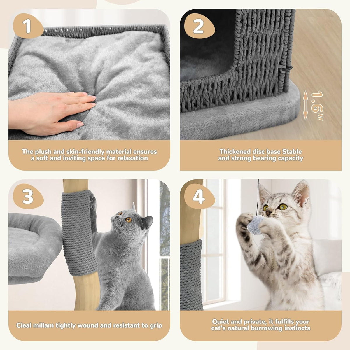 Modern Cat Tree for Large Cats - Multi-Level Wooden Tower with Scratching Posts, Large Jumping
